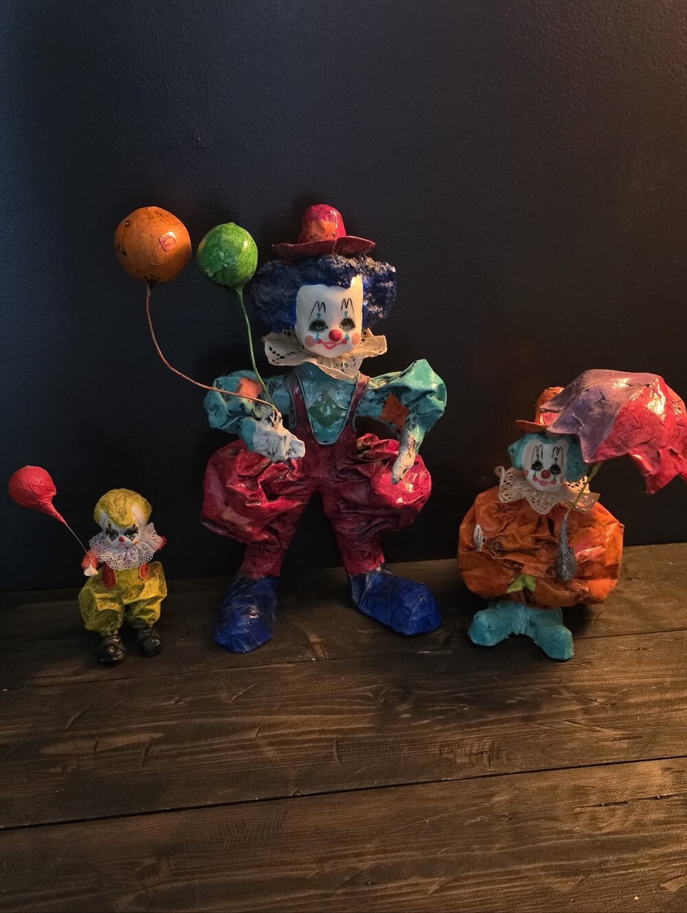 Paper Mache Clown Figurine Lot 3 Folk Art Circus Umbrella Balloons MCM
